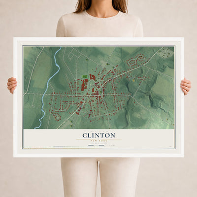 Clinton, New York map print, 24" x 36" W/ White Ayous Wood Frame mockup