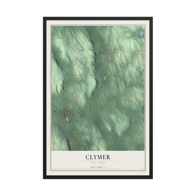 Clymer, New York map print, 12" x 18" W/ Black Ayous Wood Frame mockup