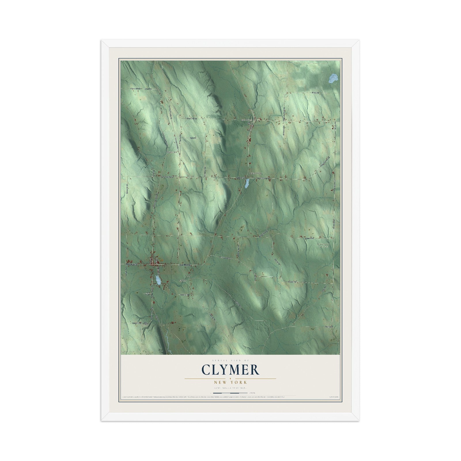 Clymer, New York map print, 12" x 18" W/ White Ayous Wood Frame mockup