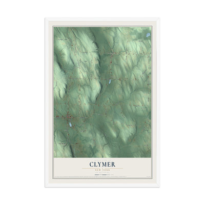 Clymer, New York map print, 12" x 18" W/ White Ayous Wood Frame mockup
