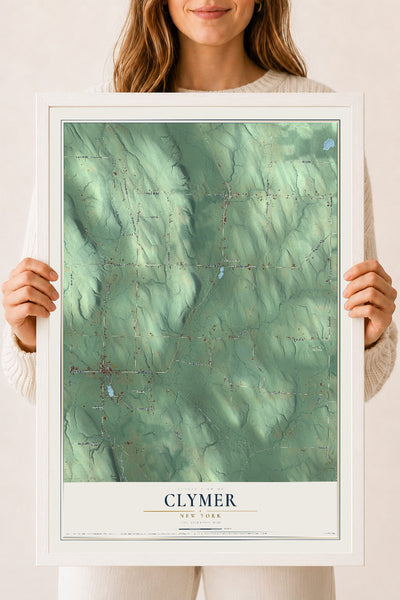 Clymer, New York map print, 18" x 24" W/ White Ayous Wood Frame mockup