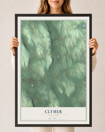 Clymer, New York map print, 24" x 36" W/ Black Ayous Wood Frame mockup