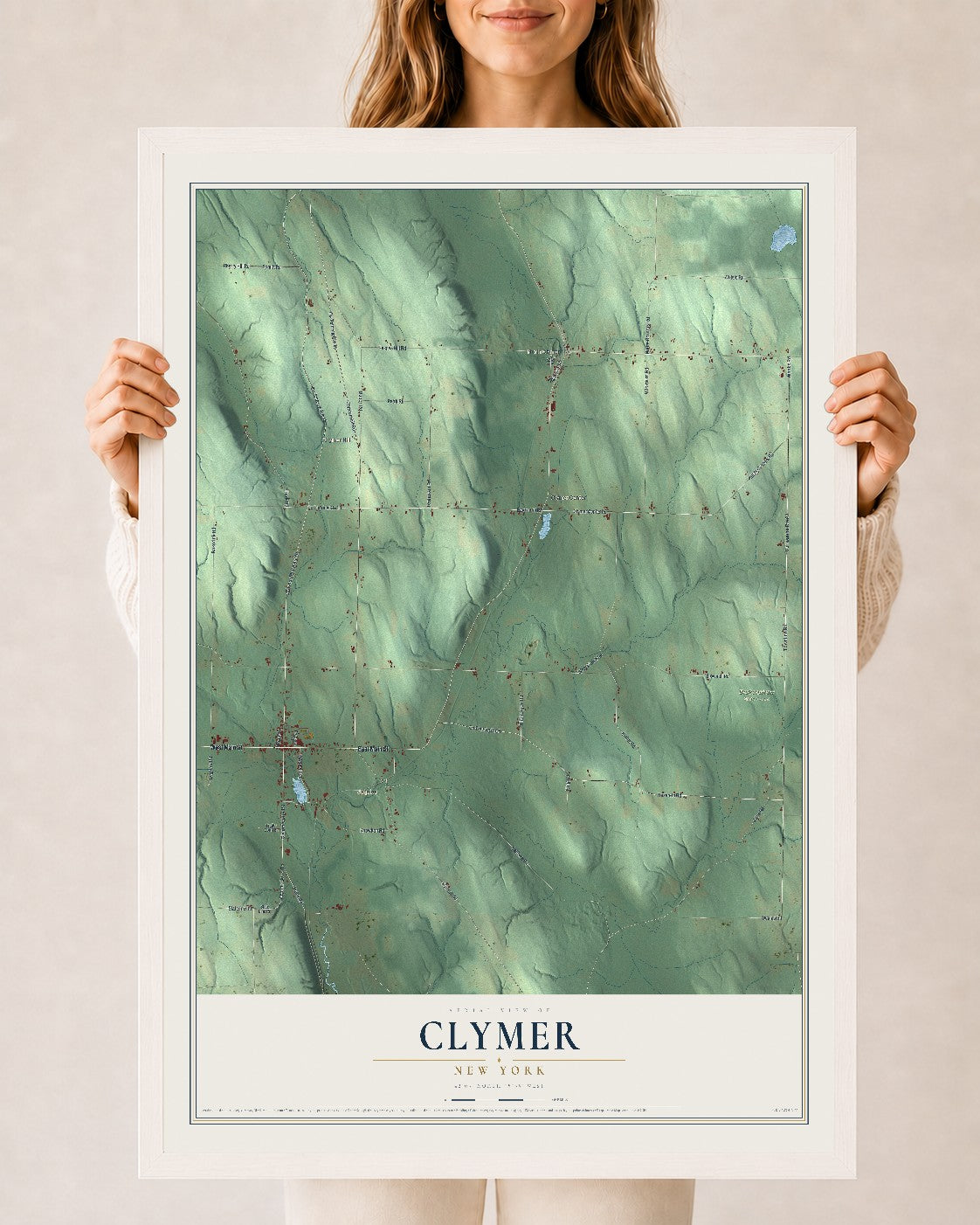 Clymer, New York map print, 24" x 36" W/ White Ayous Wood Frame mockup