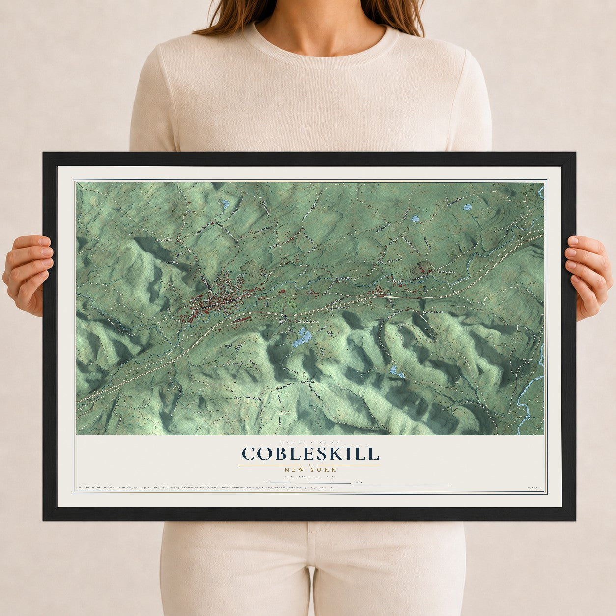 Cobleskill, New York map print, 12" x 18" W/ Black Ayous Wood Frame mockup