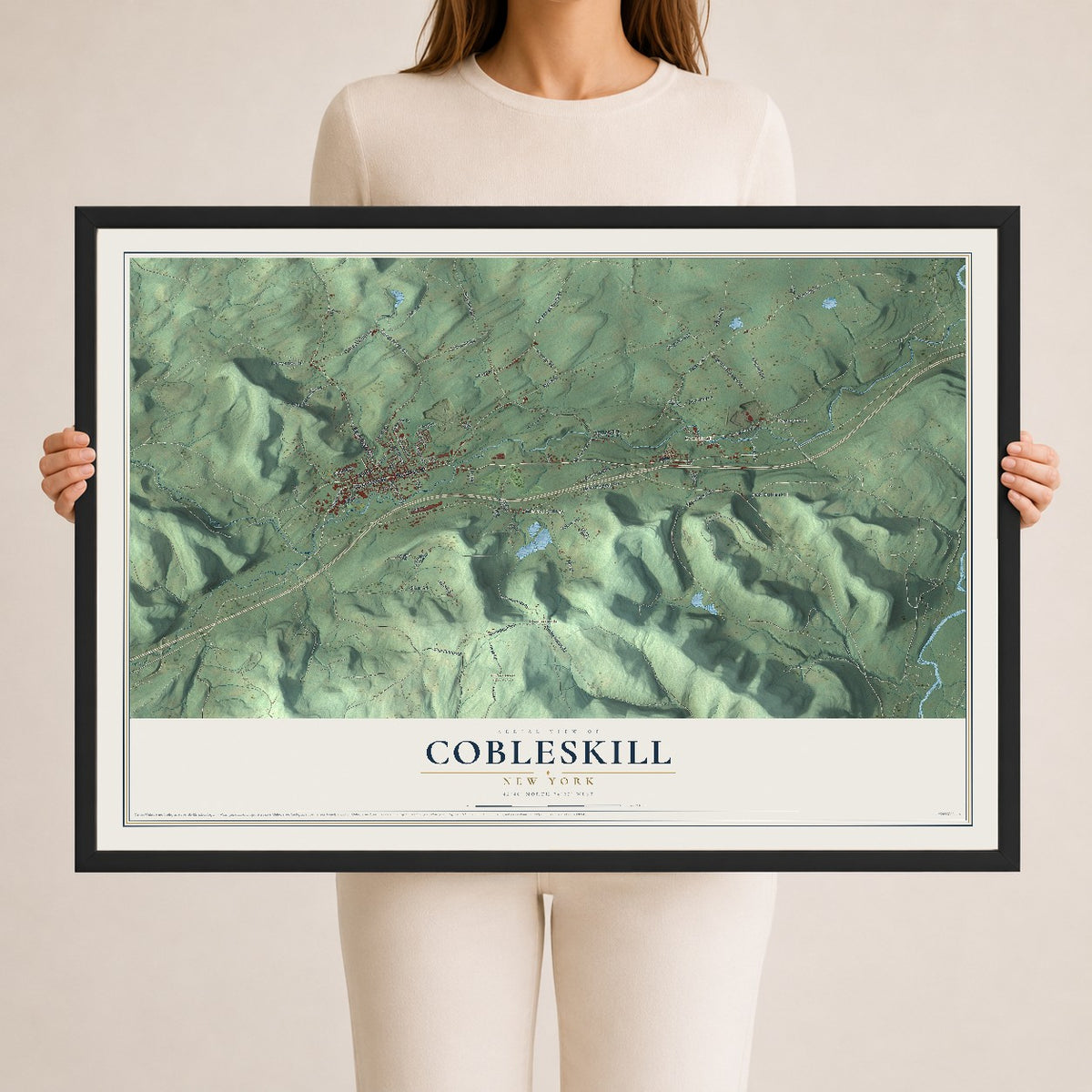Cobleskill, New York map print, 24" x 36" W/ Black Ayous Wood Frame mockup