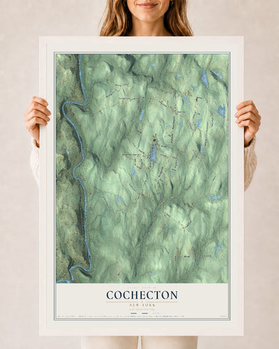 Cochecton, New York map print, 24" x 36" W/ White Ayous Wood Frame mockup