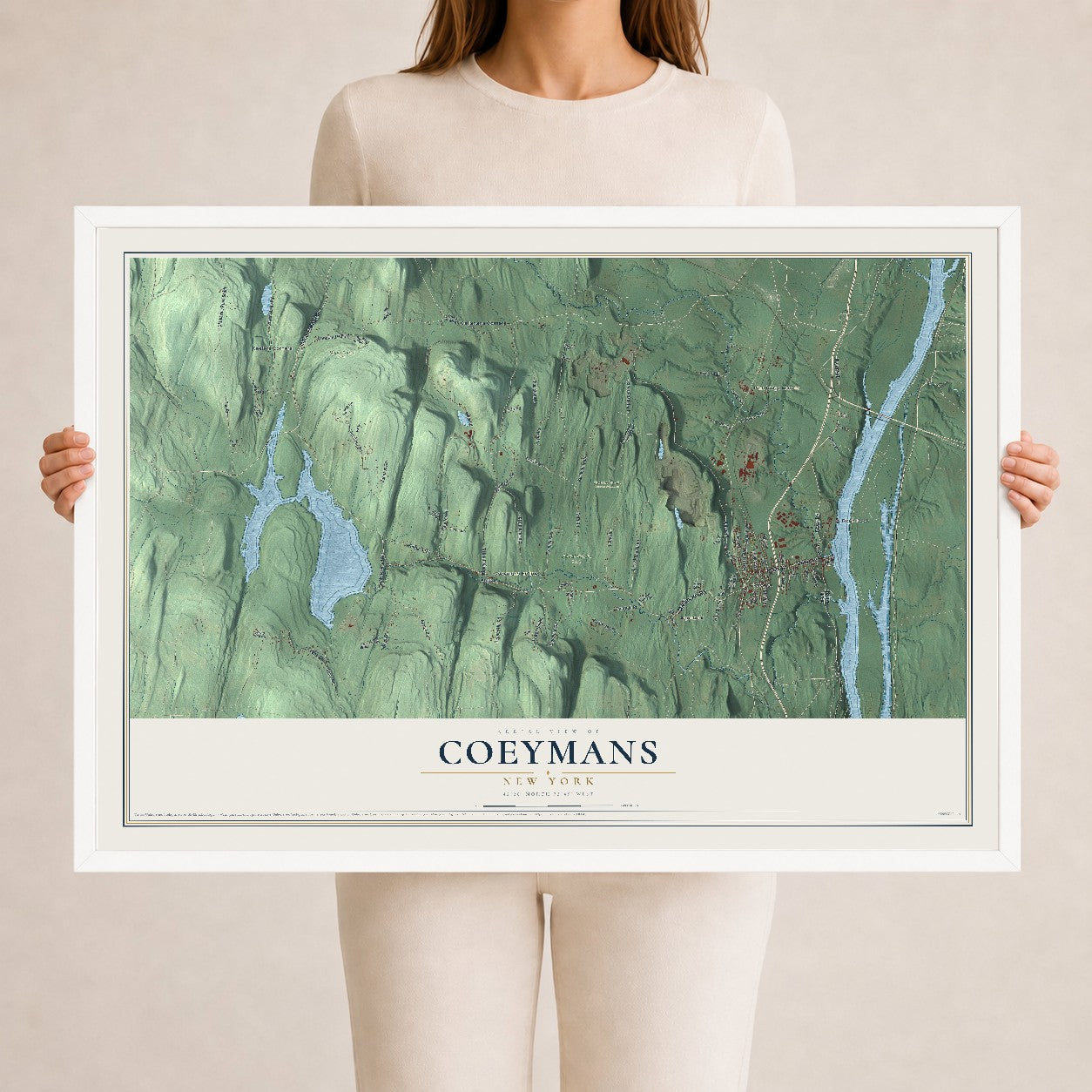 Coeymans, New York map print, 24" x 36" W/ White Ayous Wood Frame mockup