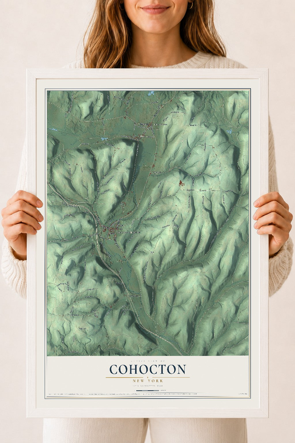 Cohocton, New York map print, 18" x 24" W/ White Ayous Wood Frame mockup