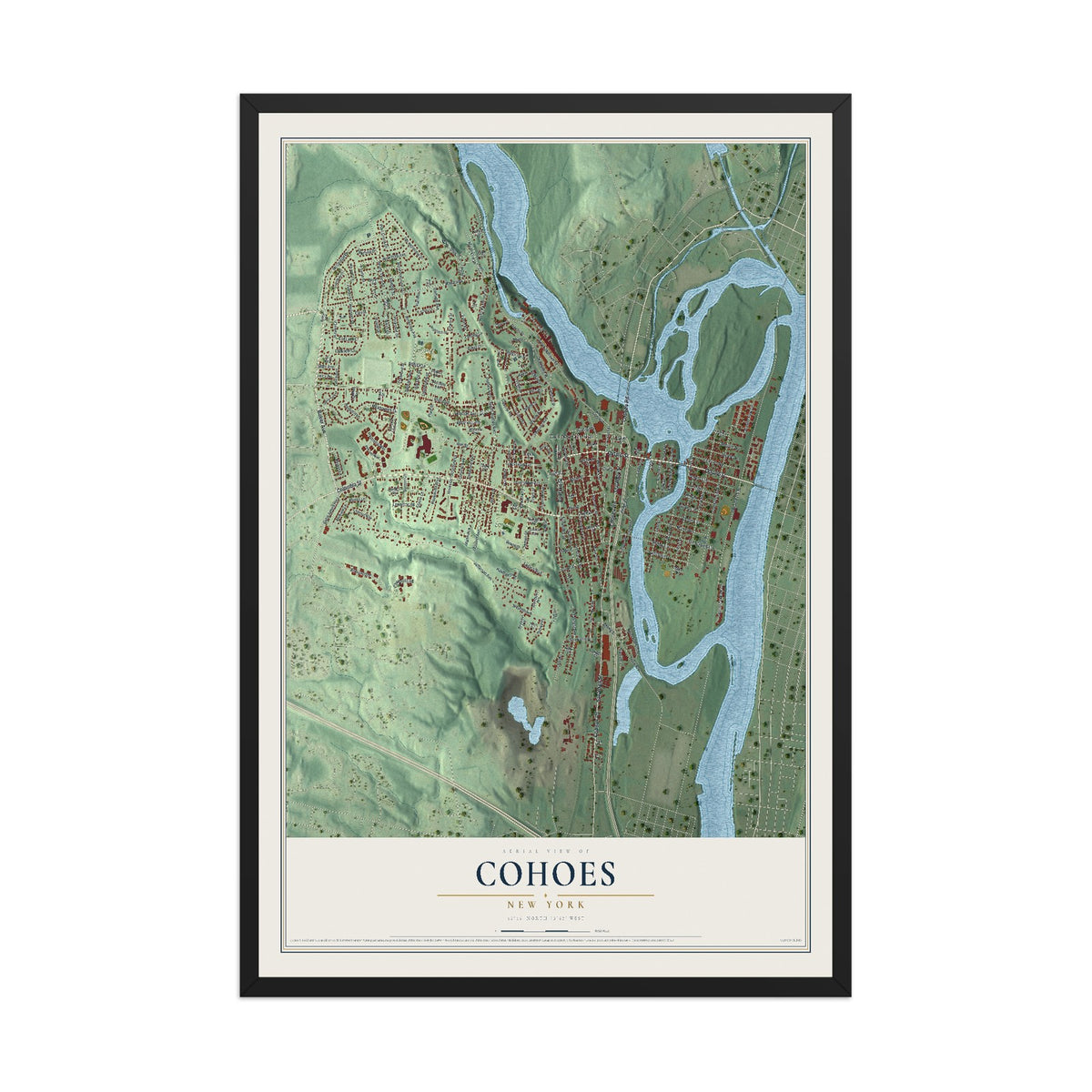 Cohoes, New York map print, 12" x 18" W/ Black Ayous Wood Frame mockup