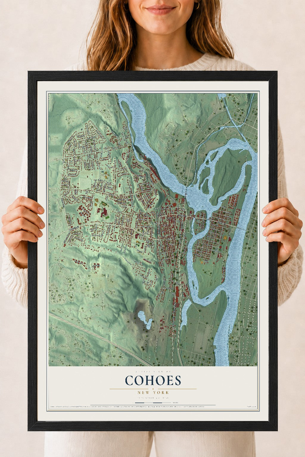 Cohoes, New York map print, 18" x 24" W/ Black Ayous Wood Frame mockup