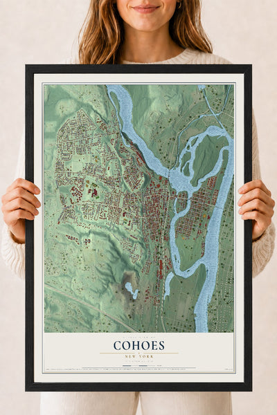 Cohoes, New York map print, 18" x 24" W/ Black Ayous Wood Frame mockup