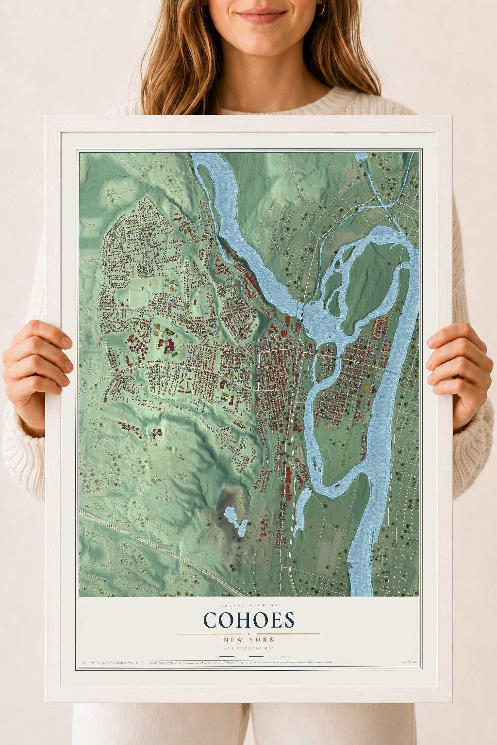 Cohoes, New York map print, 18" x 24" W/ White Ayous Wood Frame mockup