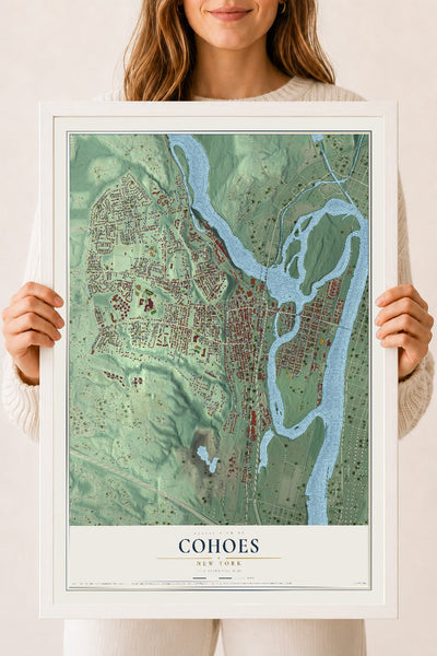 Cohoes, New York map print, 18" x 24" W/ White Ayous Wood Frame mockup