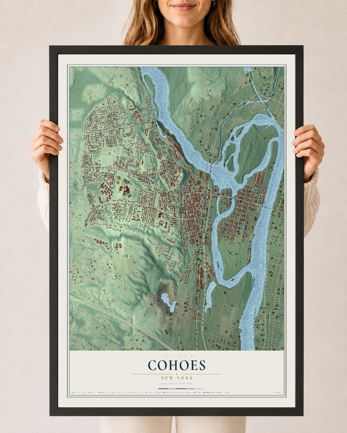 Cohoes, New York map print, 24" x 36" W/ Black Ayous Wood Frame mockup