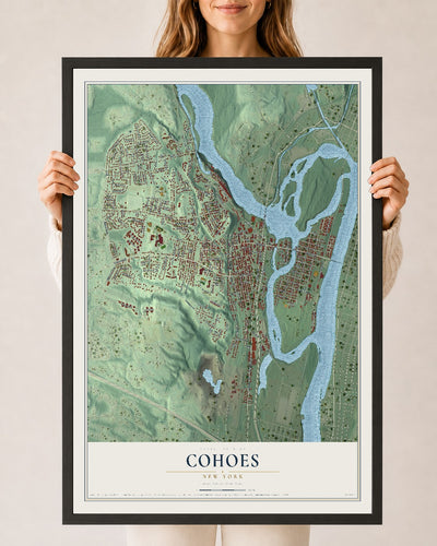 Cohoes, New York map print, 24" x 36" W/ Black Ayous Wood Frame mockup