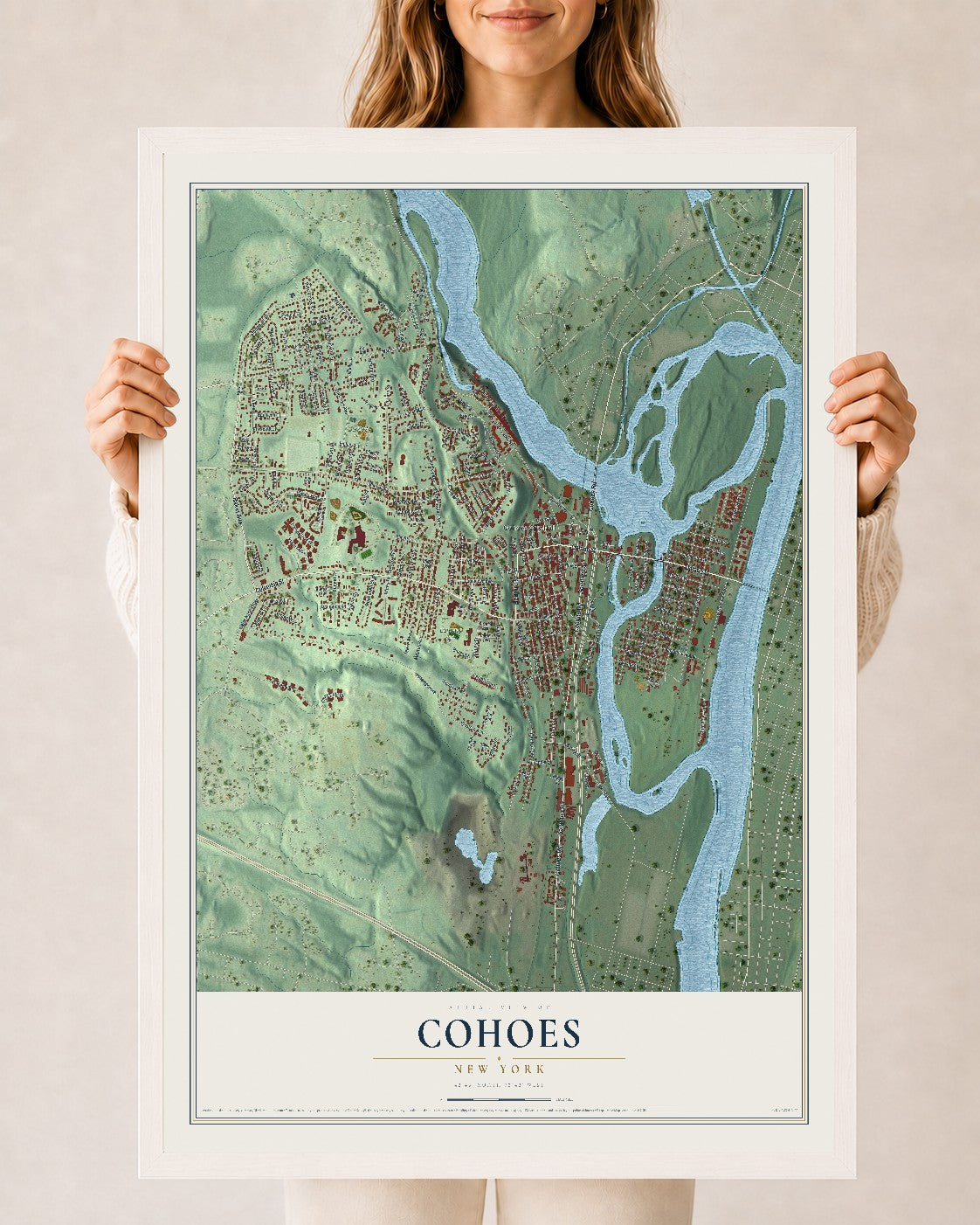 Cohoes, New York map print, 24" x 36" W/ White Ayous Wood Frame mockup