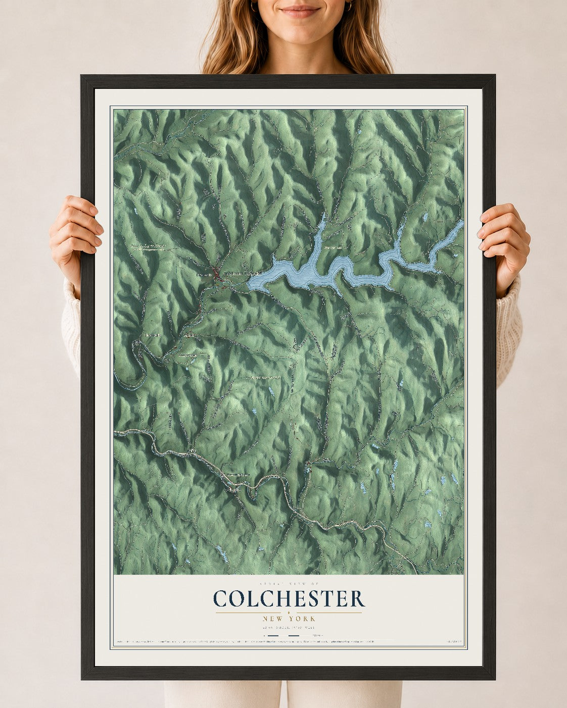 Colchester, New York map print, 24" x 36" W/ Black Ayous Wood Frame mockup