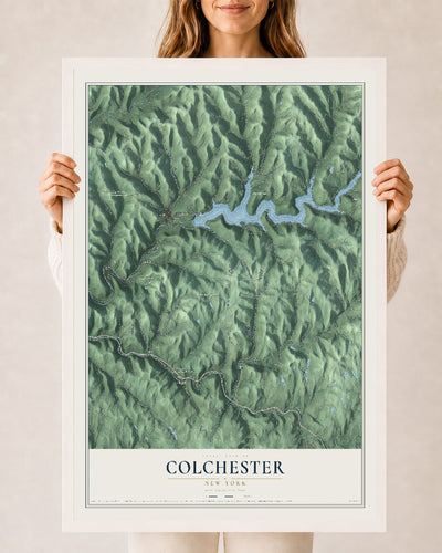 Colchester, New York map print, 24" x 36" W/ White Ayous Wood Frame mockup