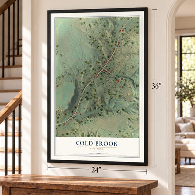 Cold Brook, New York map, 24 x 36 inch print in a black frame by a staircase