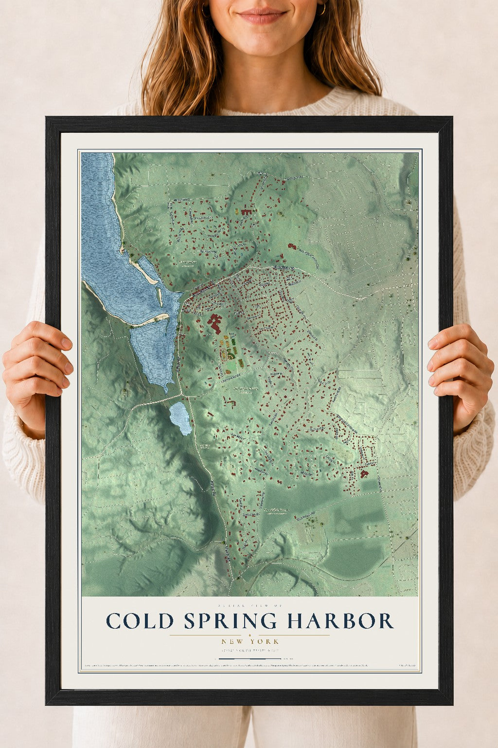 Cold Spring Harbor, New York map print, 18" x 24" W/ Black Ayous Wood Frame mockup
