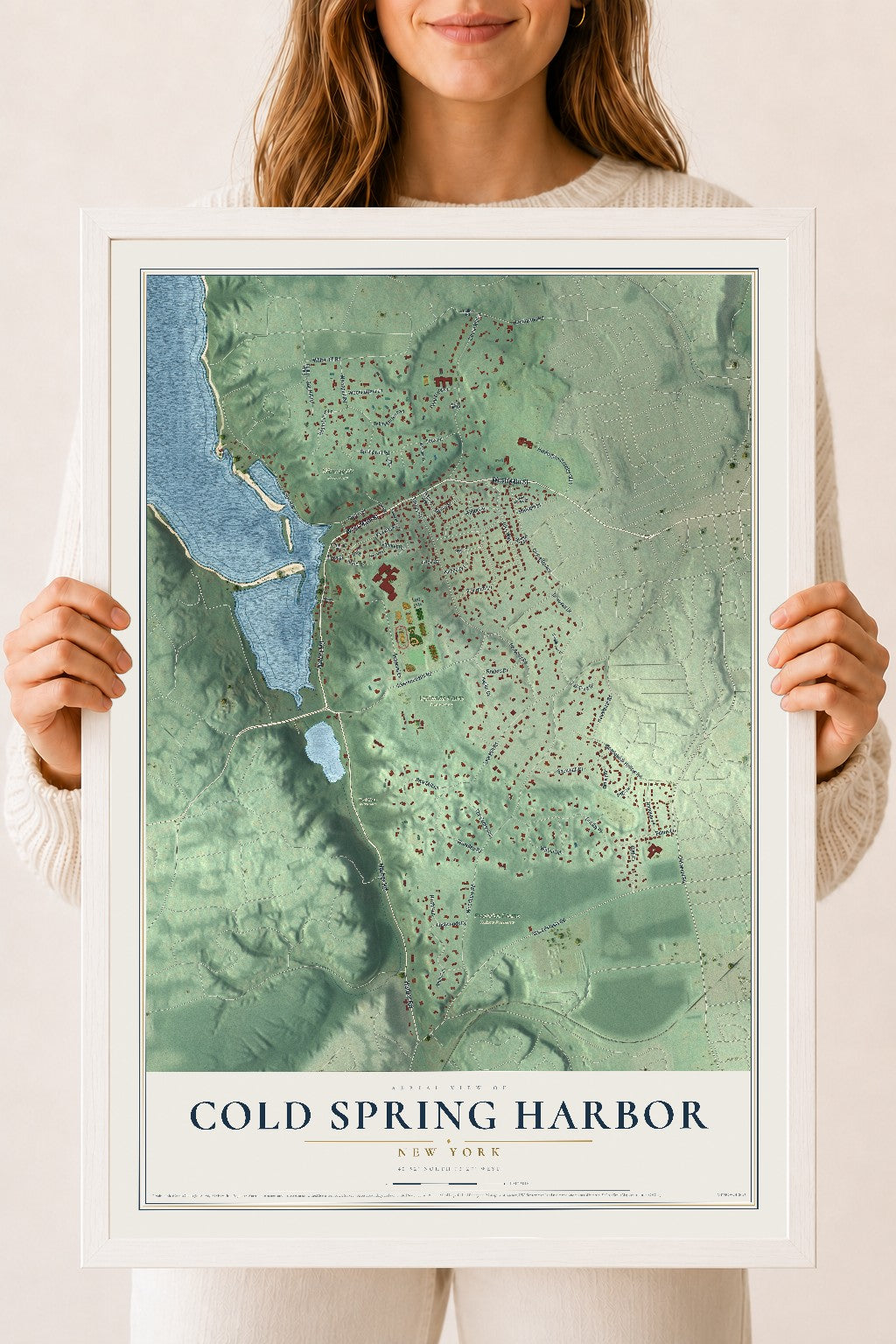Cold Spring Harbor, New York map print, 18" x 24" W/ White Ayous Wood Frame mockup