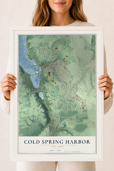 Cold Spring Harbor, New York map print, 18" x 24" W/ White Ayous Wood Frame mockup