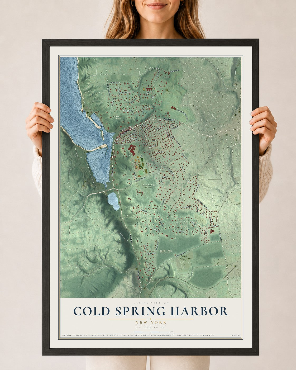 Cold Spring Harbor, New York map print, 24" x 36" W/ Black Ayous Wood Frame mockup