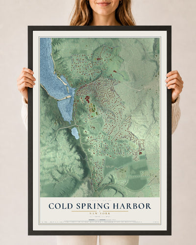 Cold Spring Harbor, New York map print, 24" x 36" W/ Black Ayous Wood Frame mockup