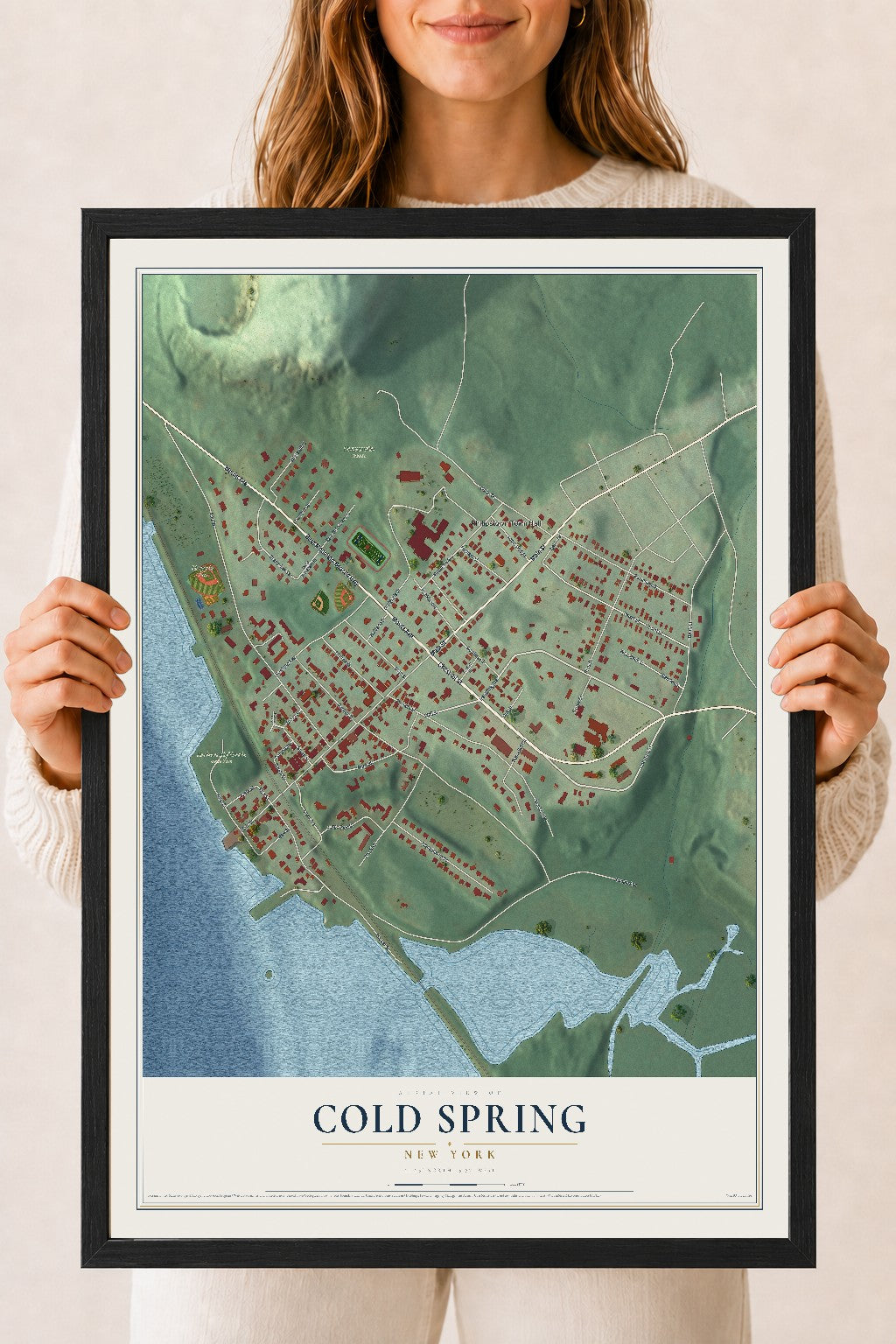 Cold Spring, New York map print, 18" x 24" W/ Black Ayous Wood Frame mockup