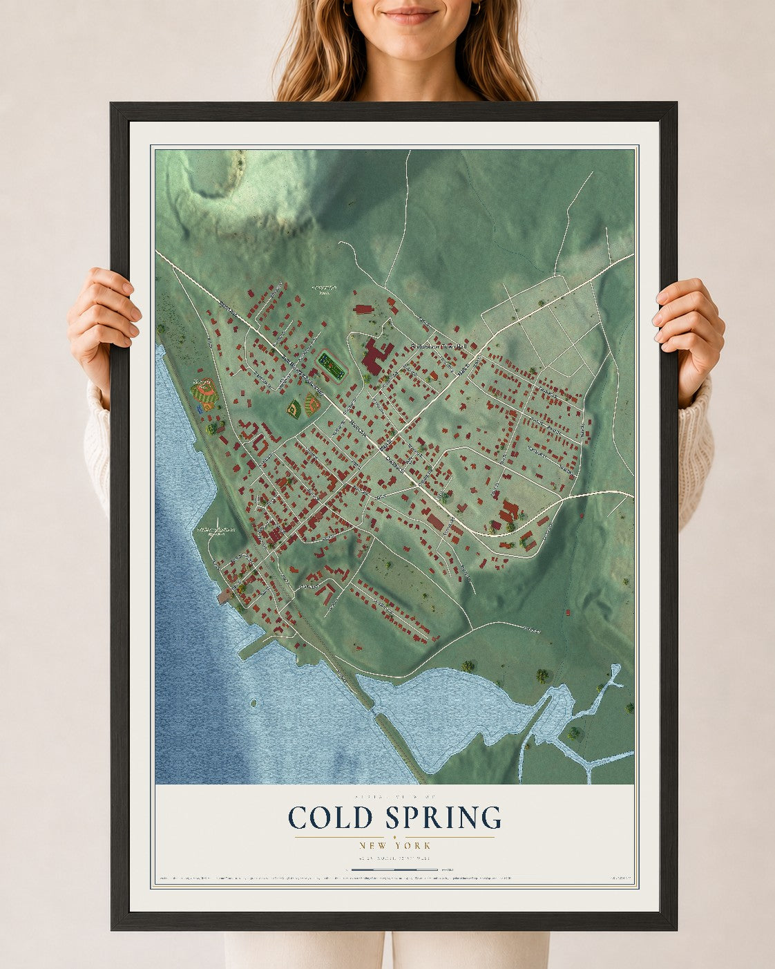 Cold Spring, New York map print, 24" x 36" W/ Black Ayous Wood Frame mockup