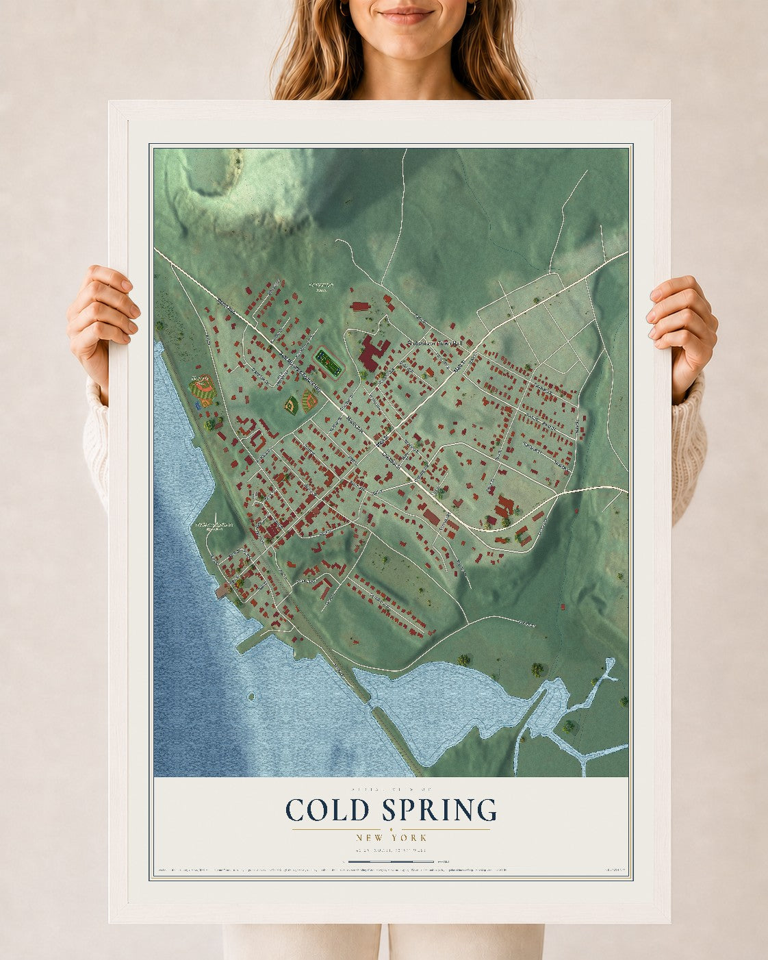 Cold Spring, New York map print, 24" x 36" W/ White Ayous Wood Frame mockup