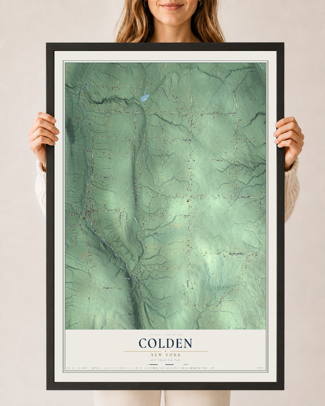 Colden, New York map print, 24" x 36" W/ Black Ayous Wood Frame mockup