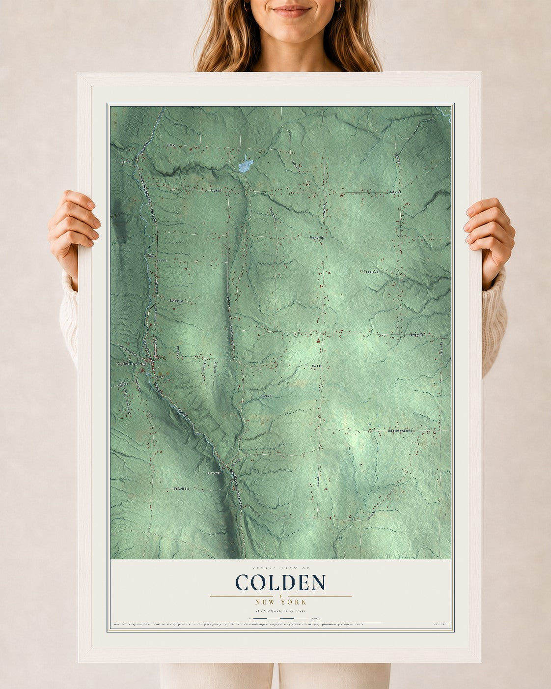 Colden, New York map print, 24" x 36" W/ White Ayous Wood Frame mockup