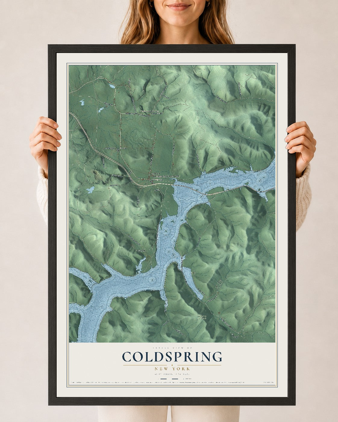 Coldspring, New York map print, 24" x 36" W/ Black Ayous Wood Frame mockup