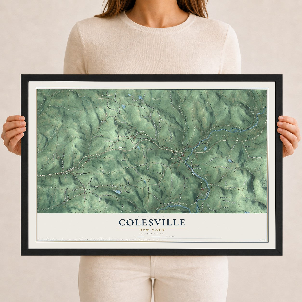 Colesville, New York map print, 12" x 18" W/ Black Ayous Wood Frame mockup