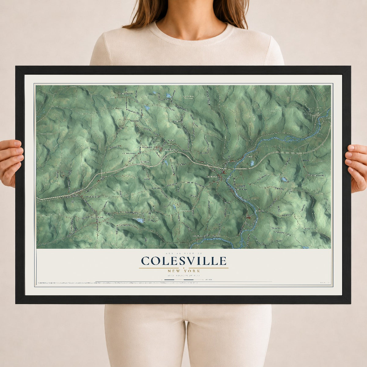 Colesville, New York map print, 18" x 24" W/ Black Ayous Wood Frame mockup