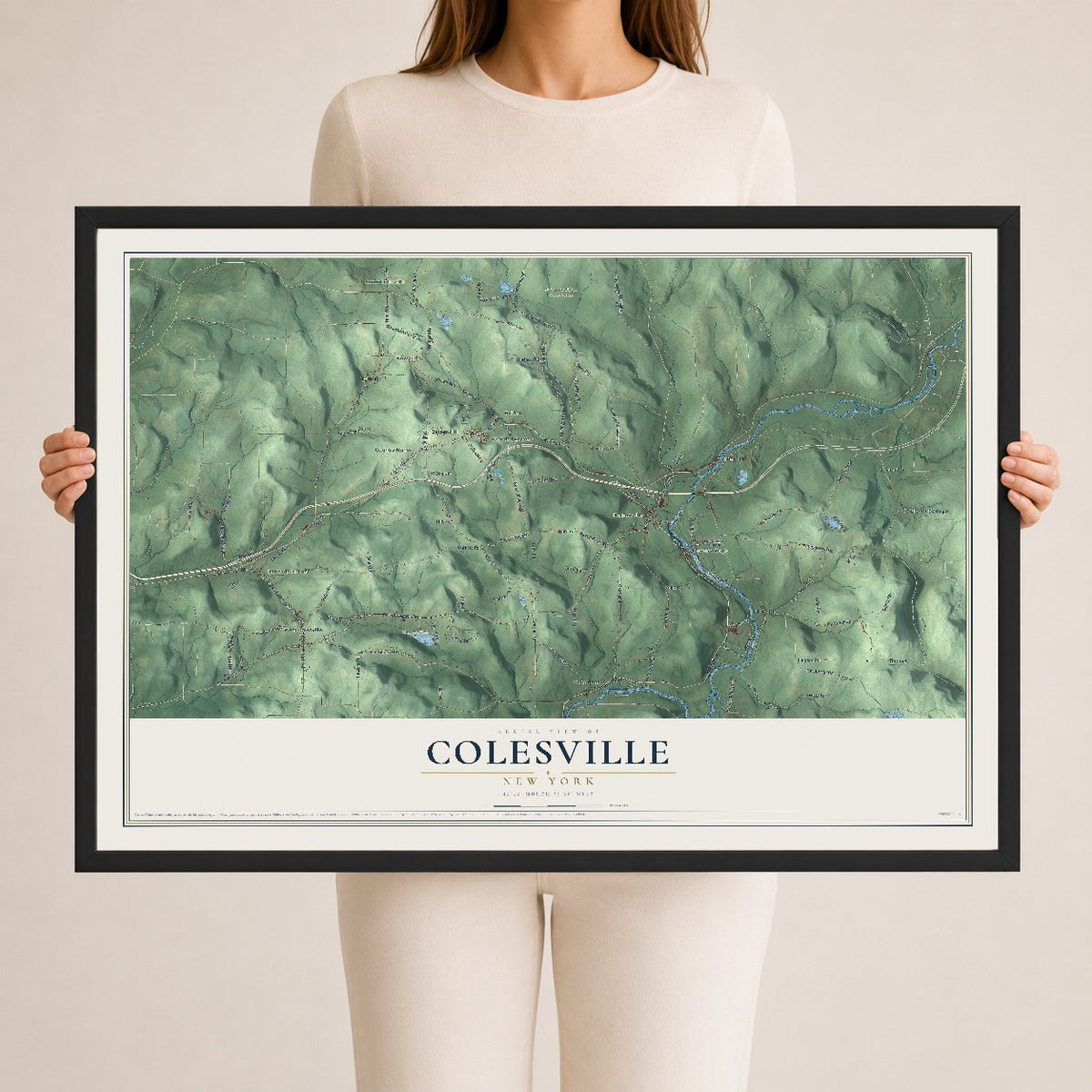 Colesville, New York map print, 24" x 36" W/ Black Ayous Wood Frame mockup
