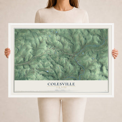 Colesville, New York map print, 24" x 36" W/ White Ayous Wood Frame mockup