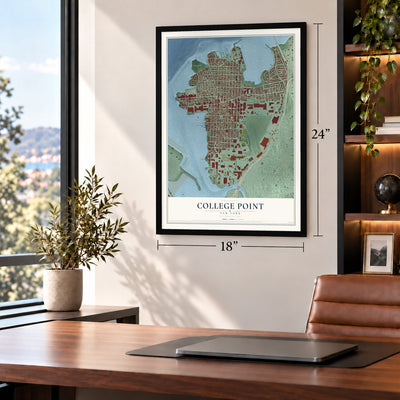 College Point, New York map, 18 x 24 inch print in a black frame in a home office