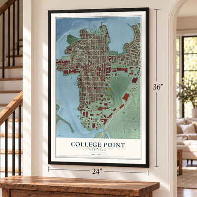 College Point, New York map, 24 x 36 inch print in a black frame by a staircase