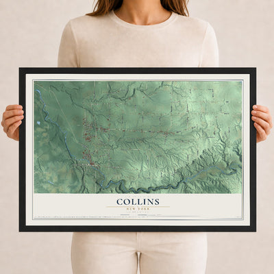 Collins, New York map print, 12" x 18" W/ Black Ayous Wood Frame mockup