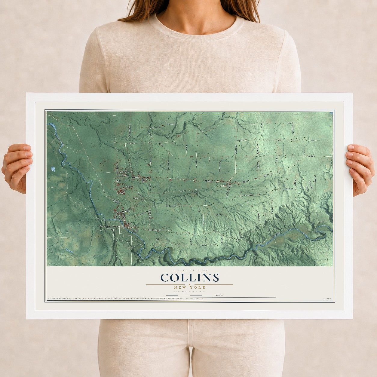 Collins, New York map print, 12" x 18" W/ White Ayous Wood Frame mockup