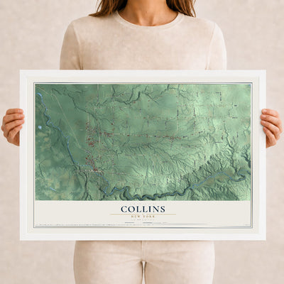 Collins, New York map print, 12" x 18" W/ White Ayous Wood Frame mockup