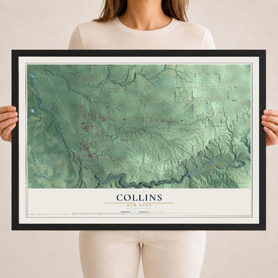 Collins, New York map print, 18" x 24" W/ Black Ayous Wood Frame mockup