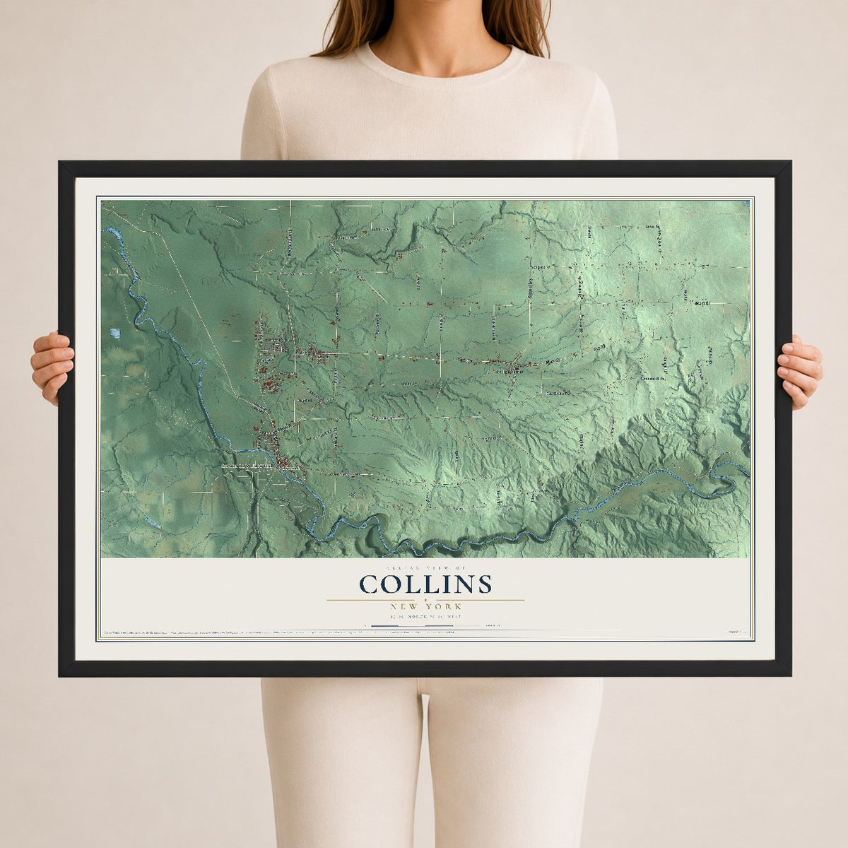 Collins, New York map print, 24" x 36" W/ Black Ayous Wood Frame mockup