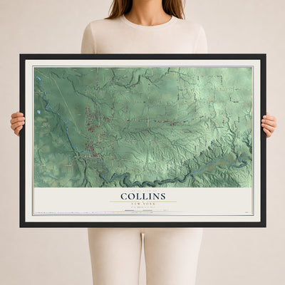 Collins, New York map print, 24" x 36" W/ Black Ayous Wood Frame mockup