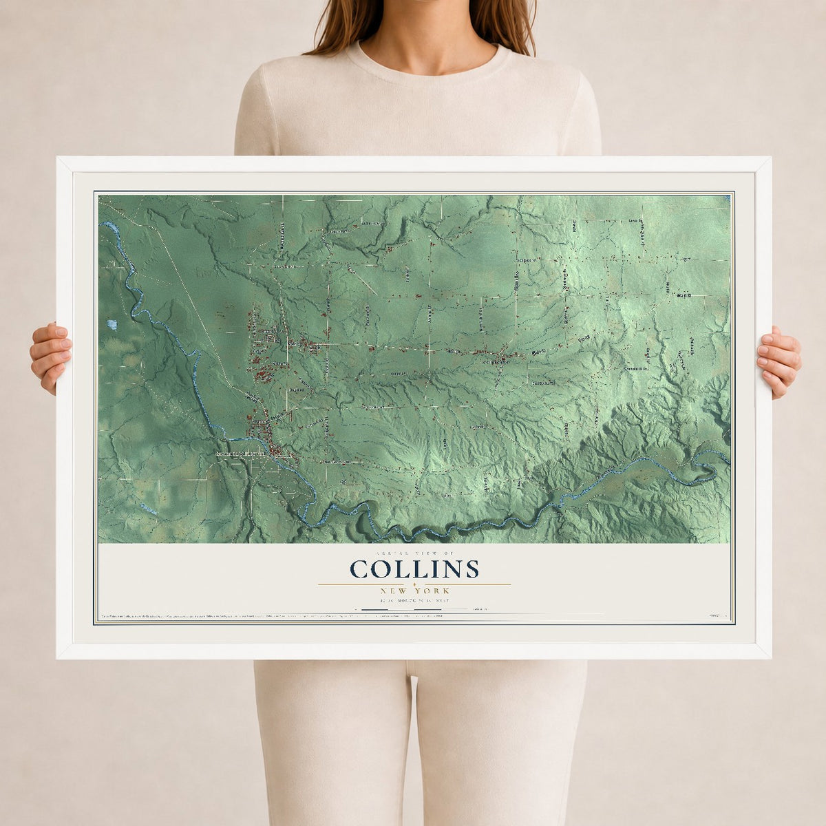Collins, New York map print, 24" x 36" W/ White Ayous Wood Frame mockup