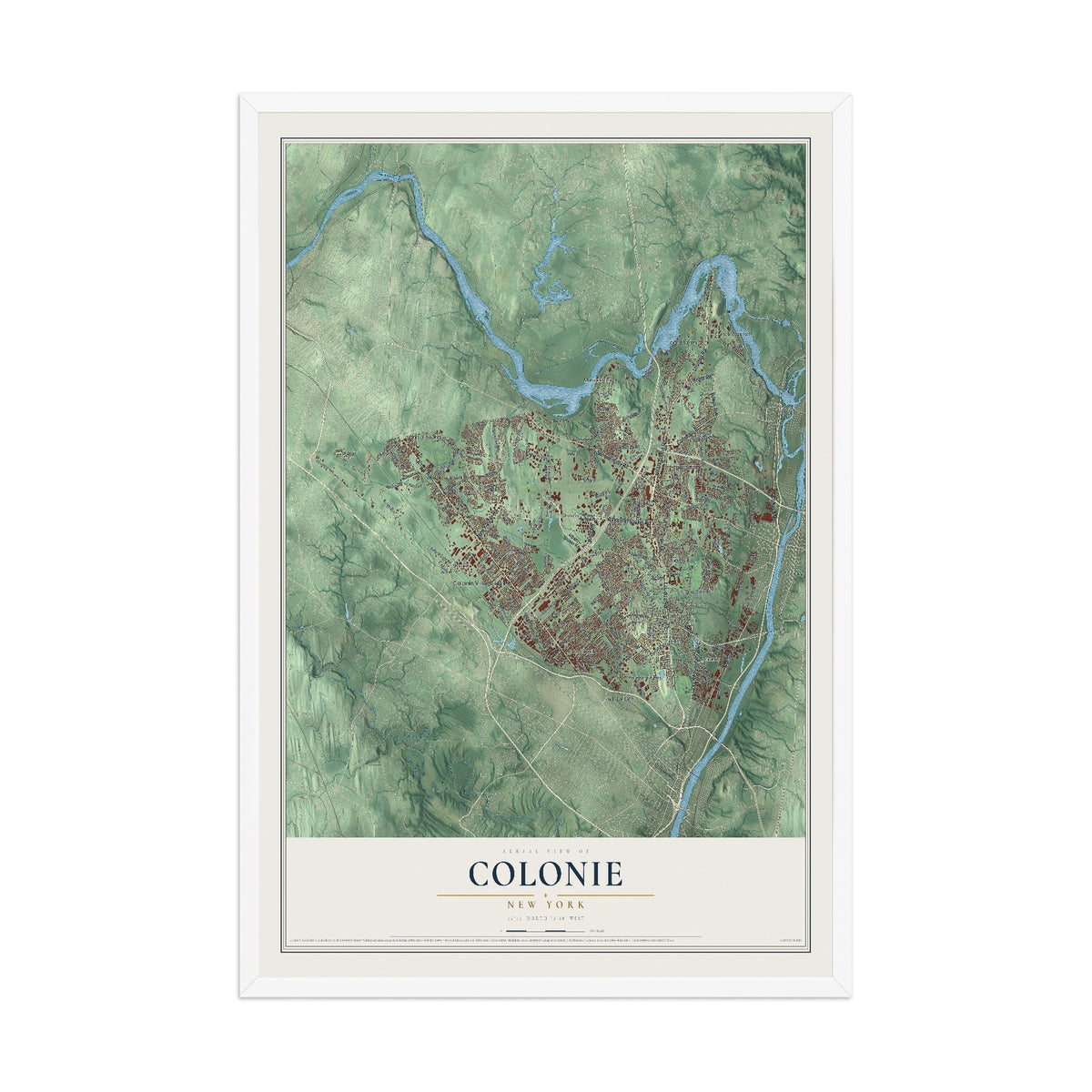 Colonie, New York map print, 12" x 18" W/ White Ayous Wood Frame mockup