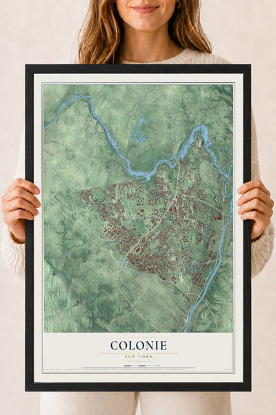 Colonie, New York map print, 18" x 24" W/ Black Ayous Wood Frame mockup