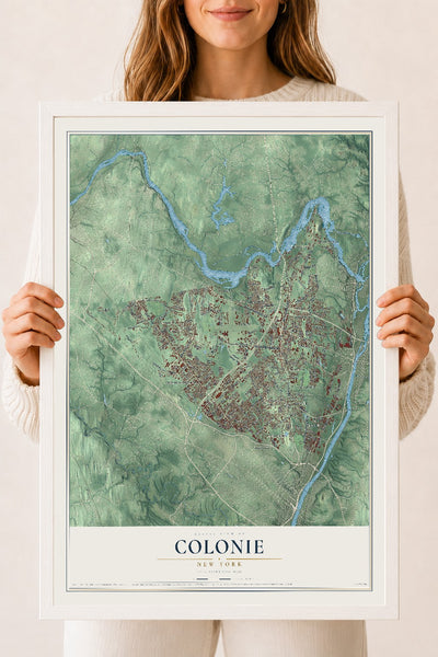 Colonie, New York map print, 18" x 24" W/ White Ayous Wood Frame mockup